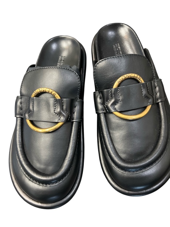 Moncler Shoes - Moncler Bell Mule Black Leather Slip-On Mules with Gold Ring Accent